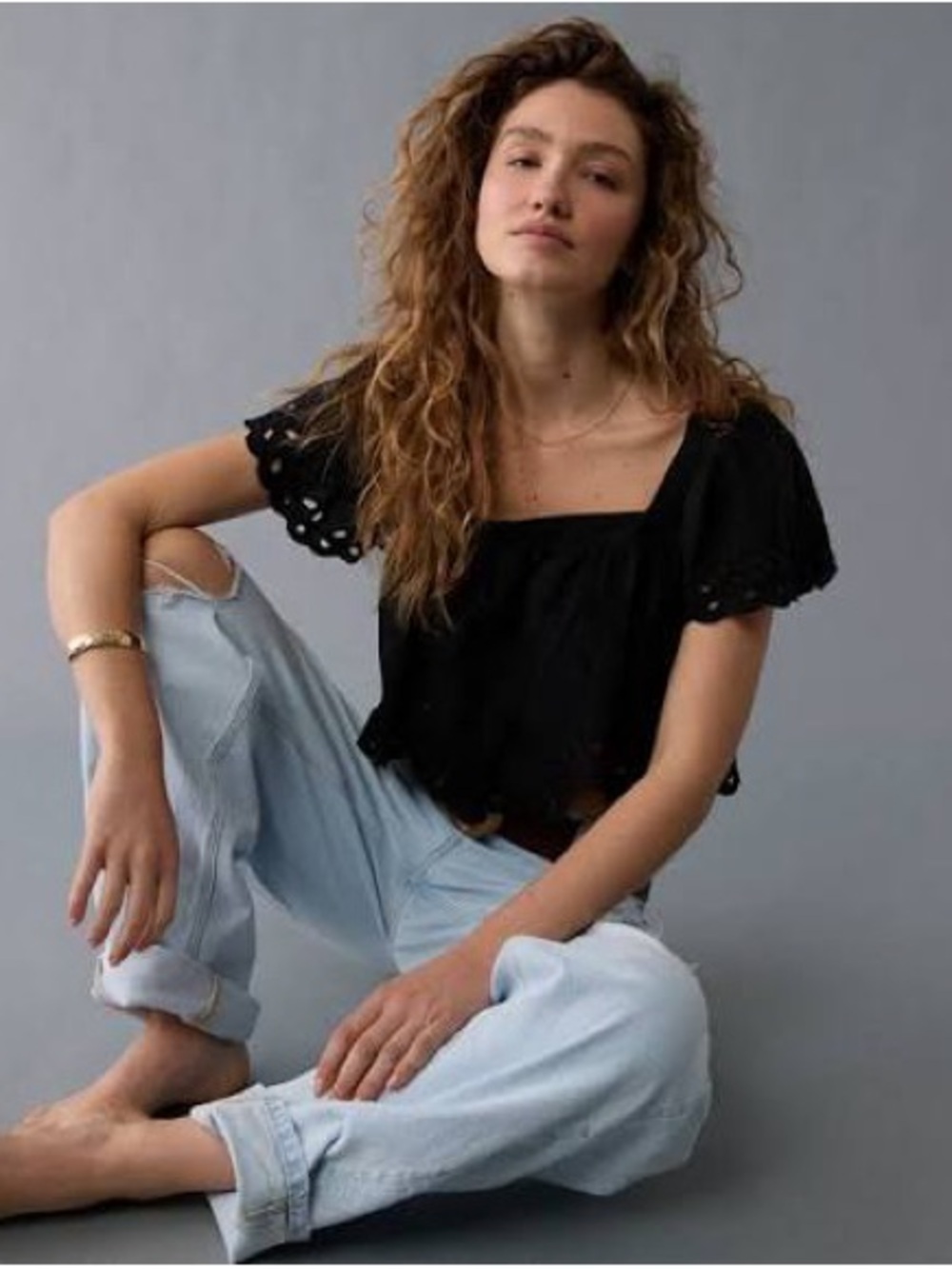 Black Eyelet Square-Neck tie back Crop Top - Women